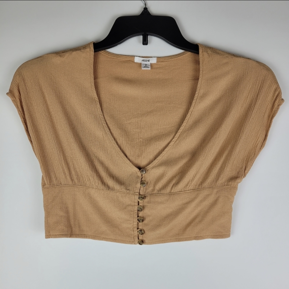 Ardene Tan Cap Sleeve V-Neck Gauzy Crepe Button Front Crop Top Size Small